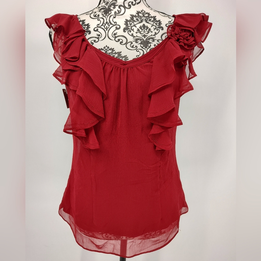 Worthington Dark Red Ruffle V Neck Sleeveless Blouse With Cami Women's Small